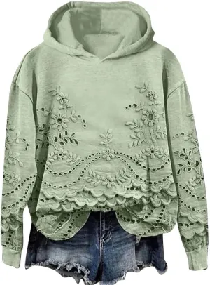 Vintage Floral Embroidery Art Cozy Women Hoodie Fleece Sweatshirt Long Sleeve Shirt Pullover Fall Winter Outfits 2024