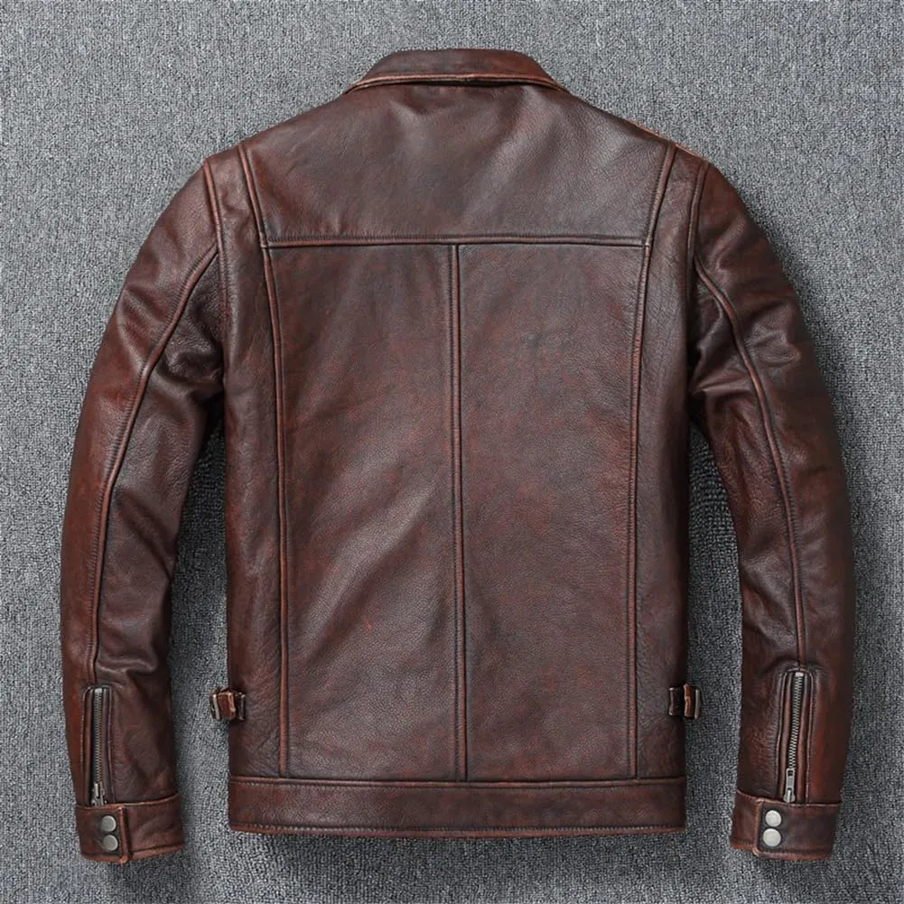 Vintage Red Brown Genuine Leather Jacket Men Soft Leather Biker Jackets Motorcycle Coats