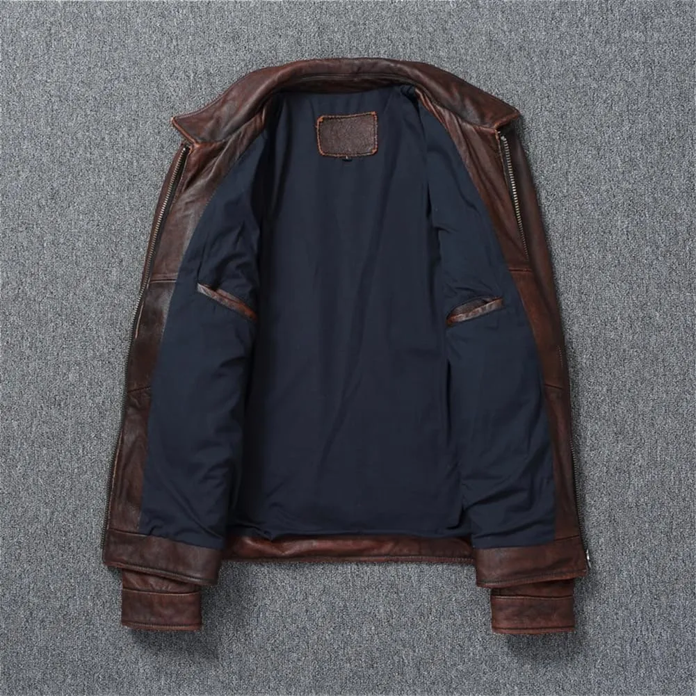 Vintage Red Brown Genuine Leather Jacket Men Soft Leather Biker Jackets Motorcycle Coats