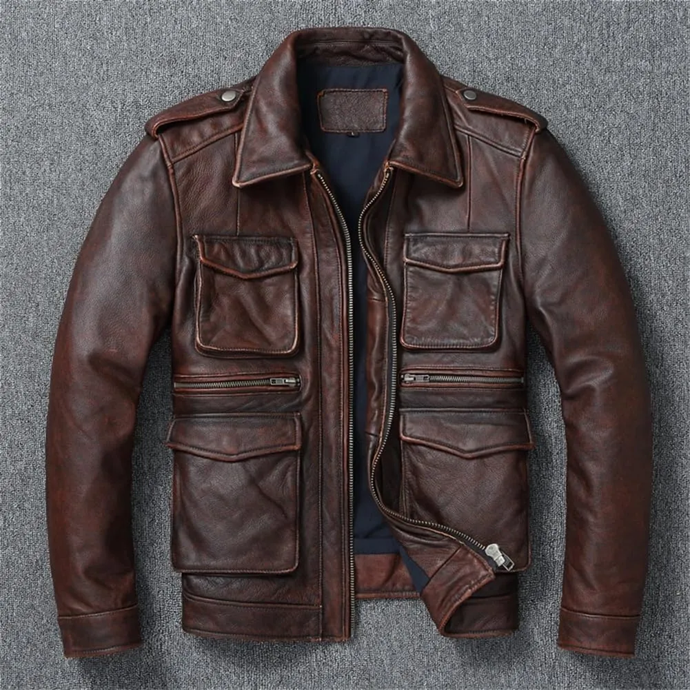 Vintage Red Brown Genuine Leather Jacket Men Soft Leather Biker Jackets Motorcycle Coats
