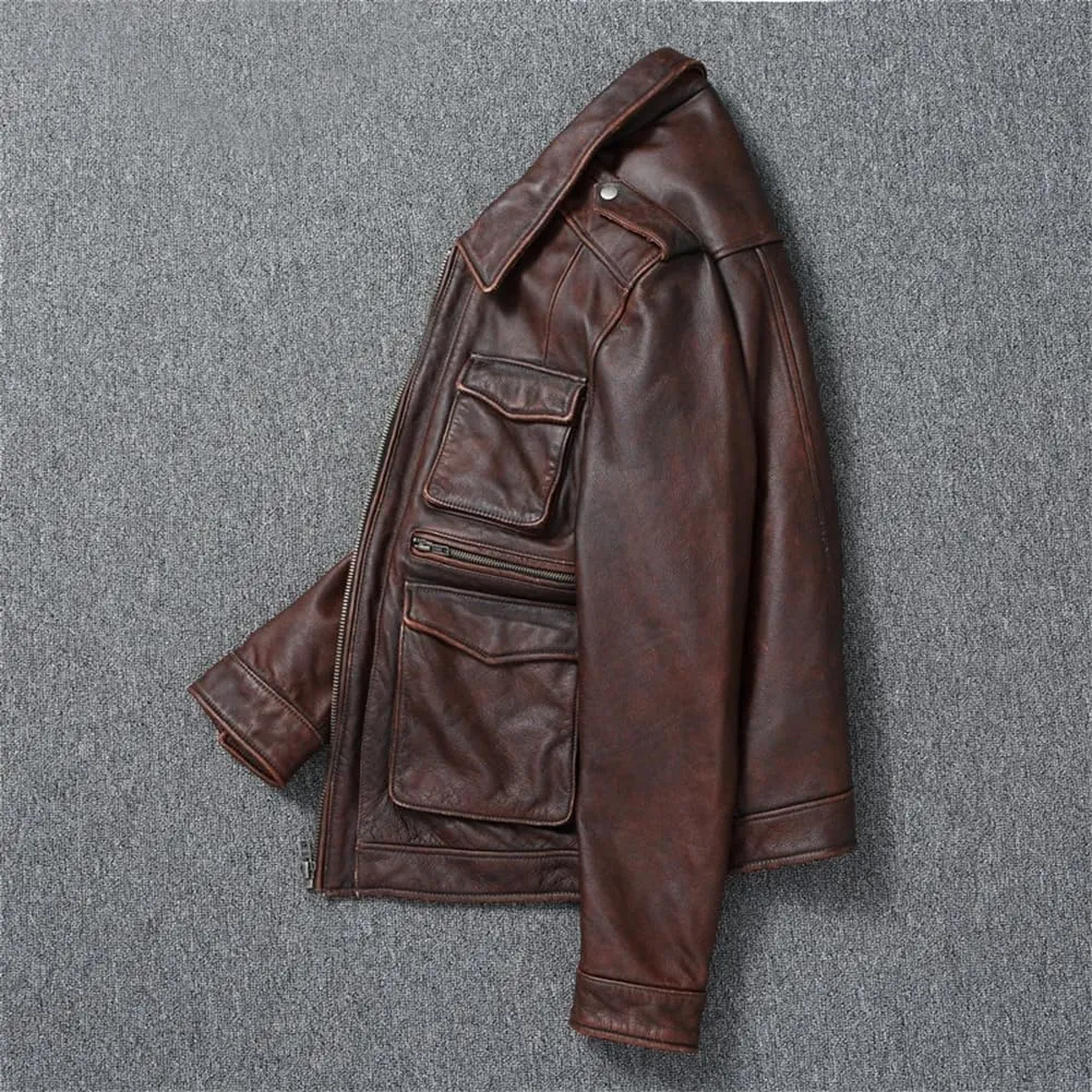 Vintage Red Brown Genuine Leather Jacket Men Soft Leather Biker Jackets Motorcycle Coats