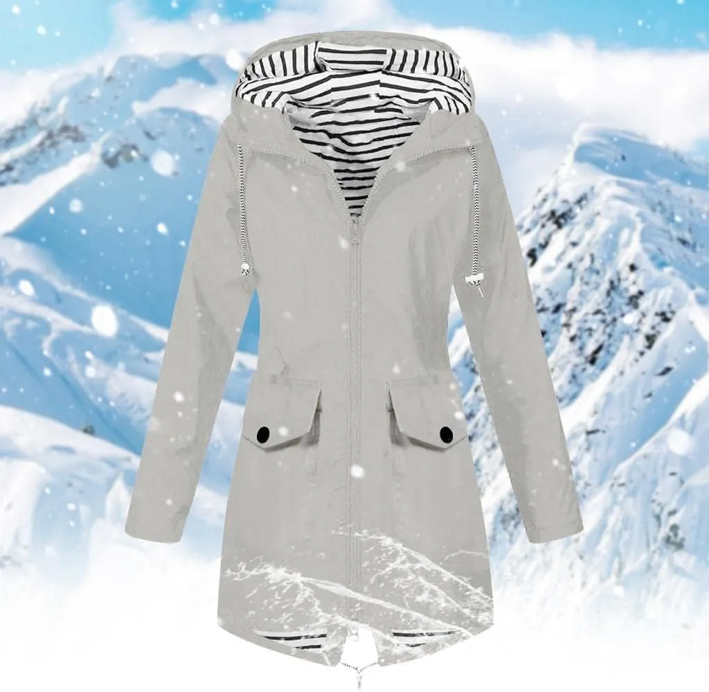 Windproof Jacket for Women Long Sleeve Full Zip Up Hooded Plain Windbreaker with Pocket Ligh Weight Overcoat Zipper Winter