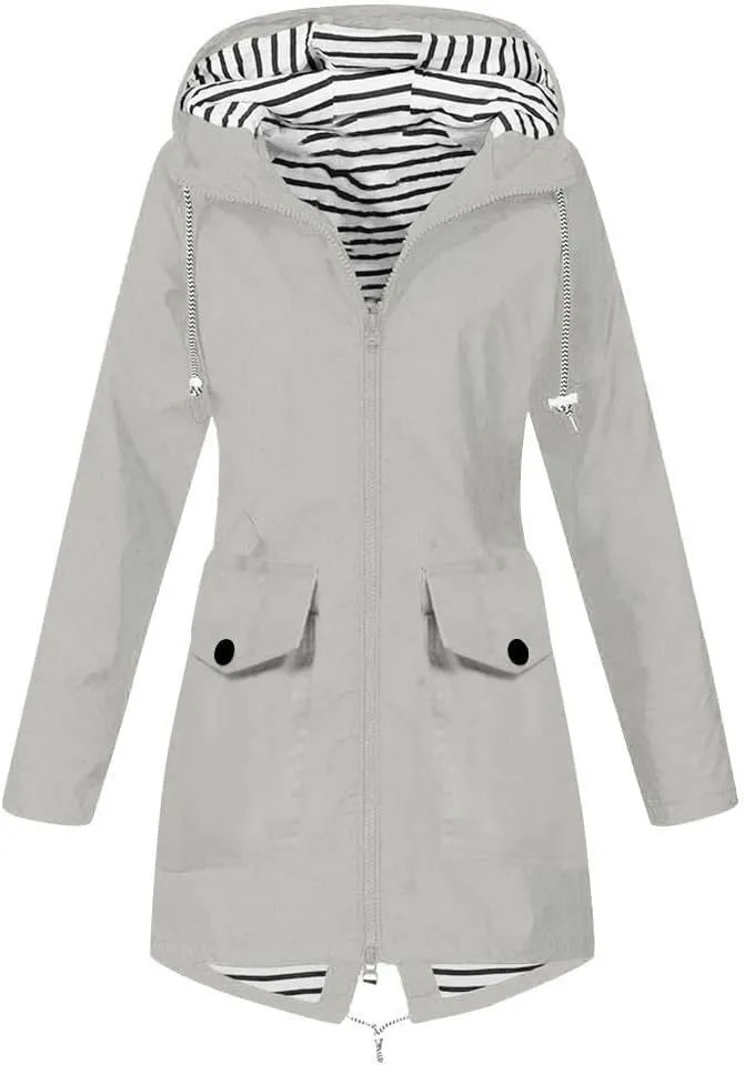 Windproof Jacket for Women Long Sleeve Full Zip Up Hooded Plain Windbreaker with Pocket Ligh Weight Overcoat Zipper Winter