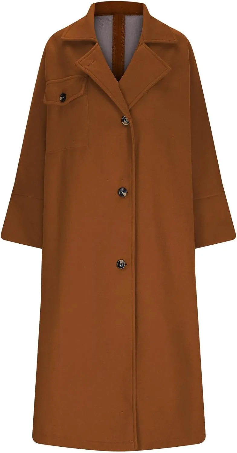 Winter Coats for Women Classic Wool Blend Peacoat Notched Lapel Single-Breasted Trench Coat Temperament Long Overcoat