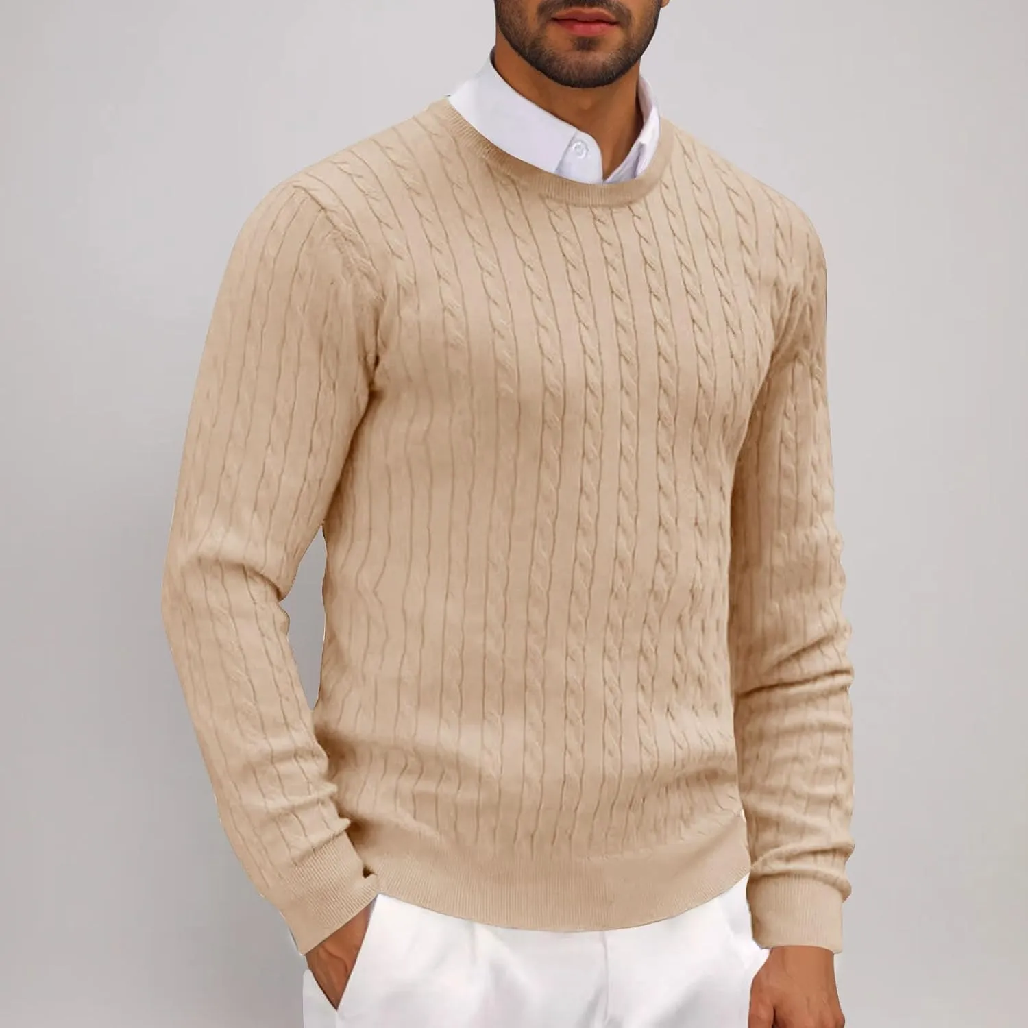 Winter Pullover Sweaters for Men Business Casual Crewneck Sweater Cable Knit Sweater Warm Long Sleeve Sweater