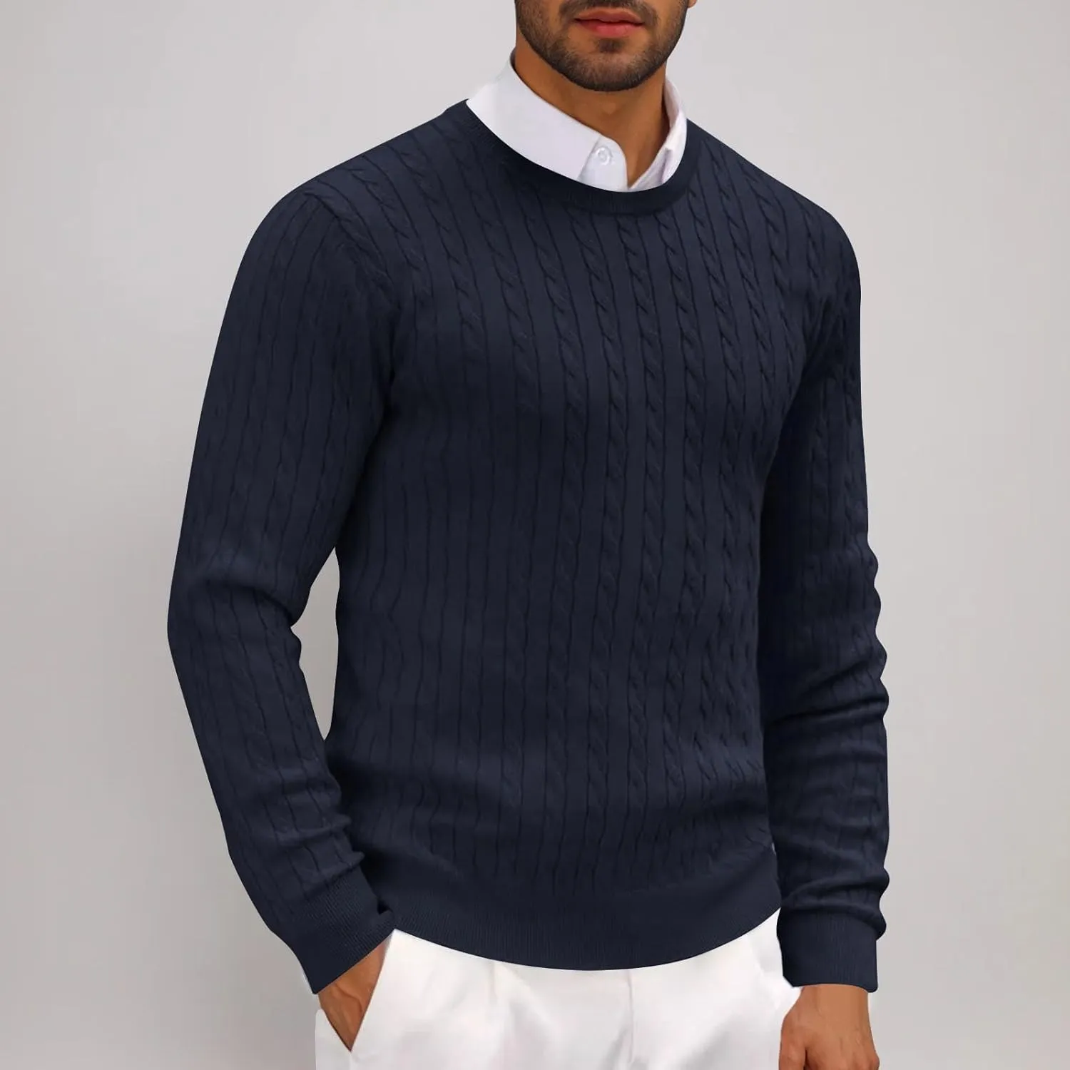 Winter Pullover Sweaters for Men Business Casual Crewneck Sweater Cable Knit Sweater Warm Long Sleeve Sweater