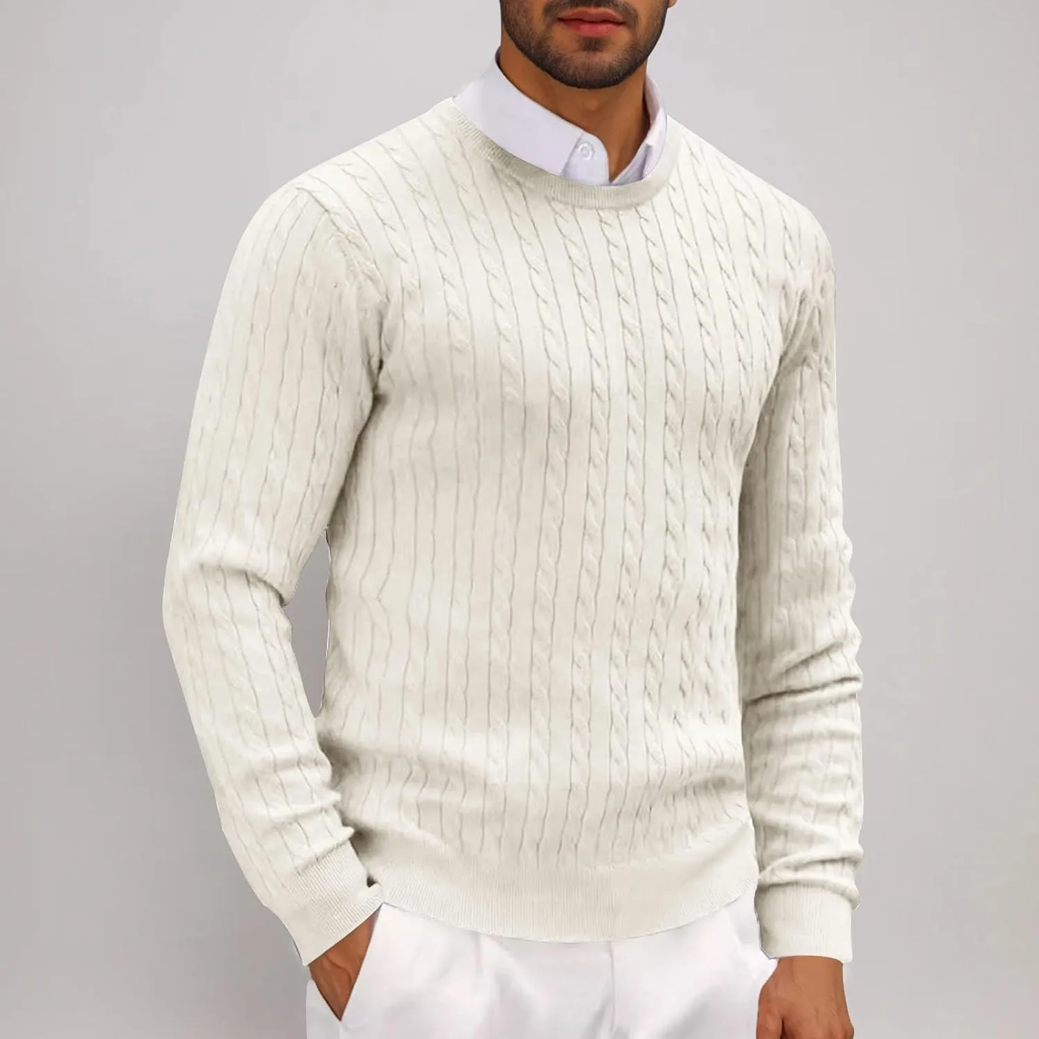 Winter Pullover Sweaters for Men Business Casual Crewneck Sweater Cable Knit Sweater Warm Long Sleeve Sweater
