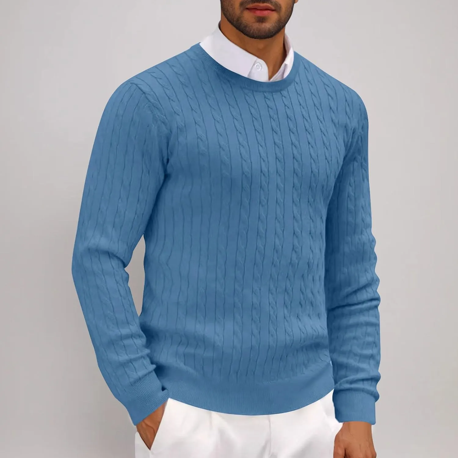 Winter Pullover Sweaters for Men Business Casual Crewneck Sweater Cable Knit Sweater Warm Long Sleeve Sweater