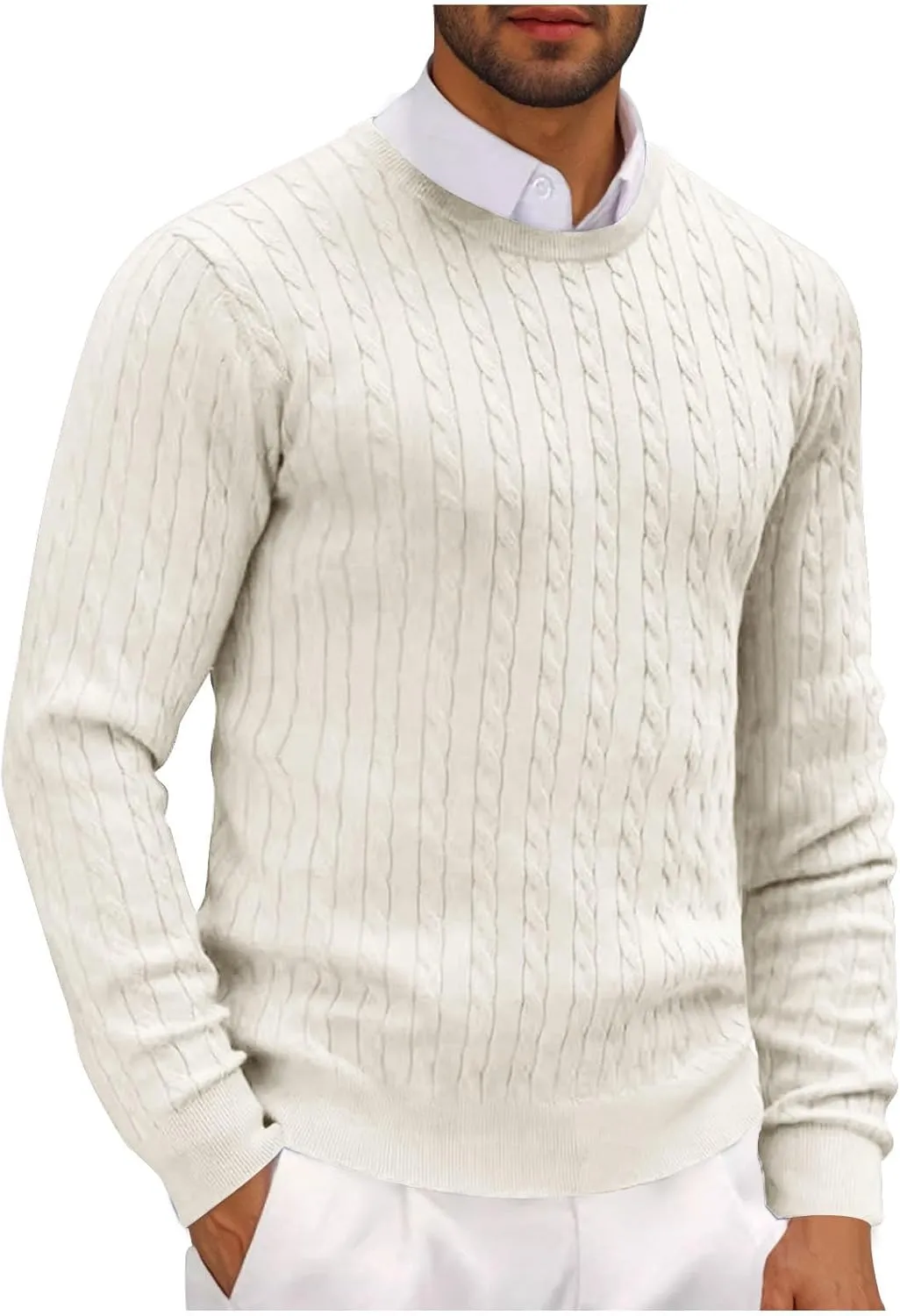 Winter Pullover Sweaters for Men Business Casual Crewneck Sweater Cable Knit Sweater Warm Long Sleeve Sweater