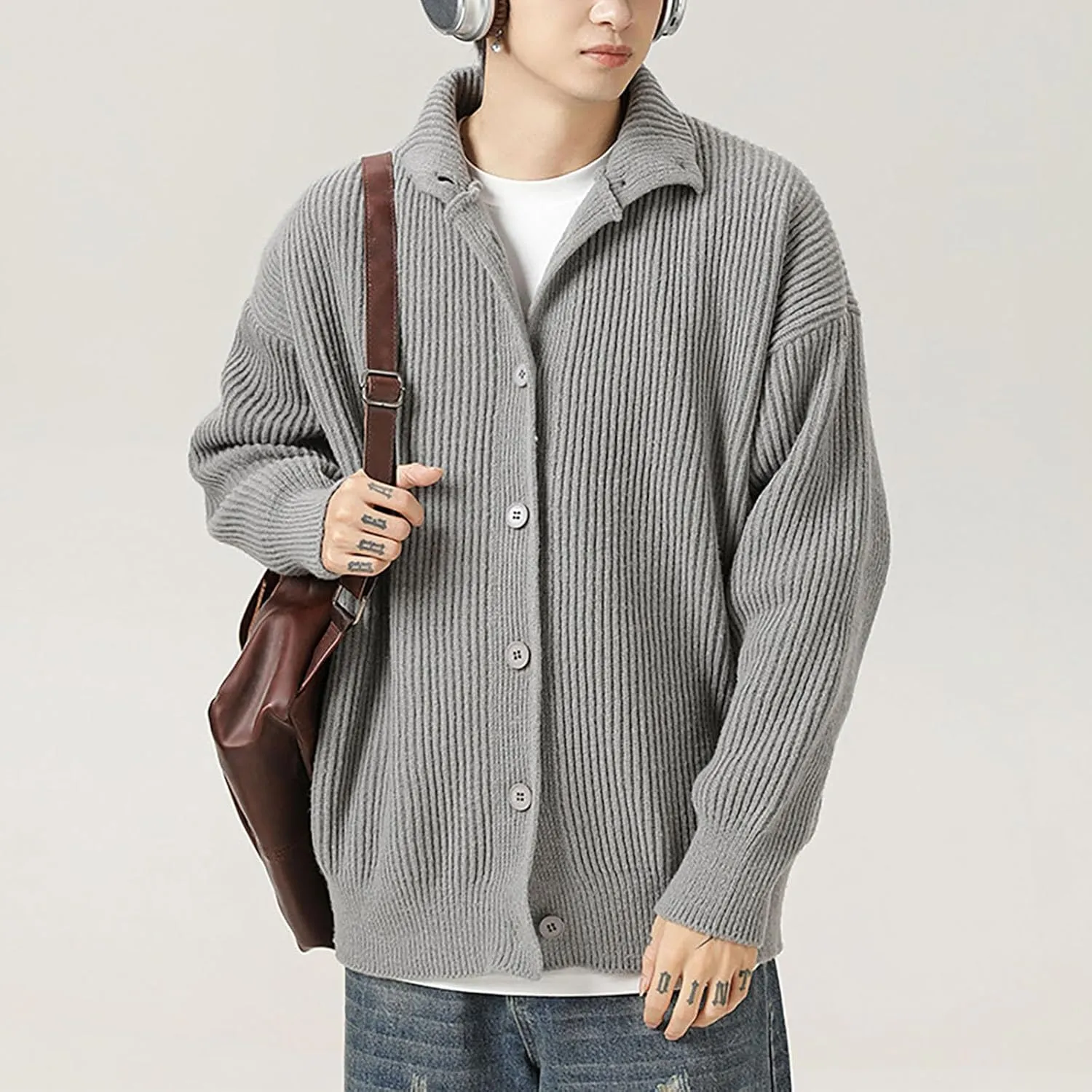 Winter Sweaters for Men Button Down Open Front Cardigan Plus Size Cardigan Sweater Lapel Knit Sweater Casual Sweaters
