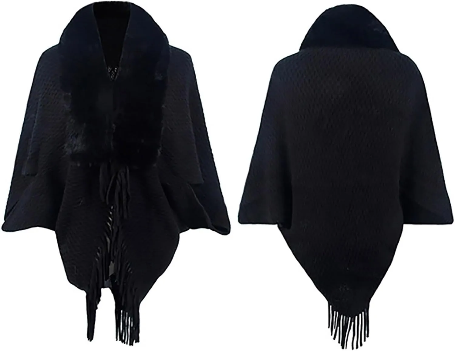 Women Batwing Sleeve Faux Fur Collar Cardigan Sweater Knitted Shawl Wrap Fringe Hem Cape Cloak Open Front Outerwear