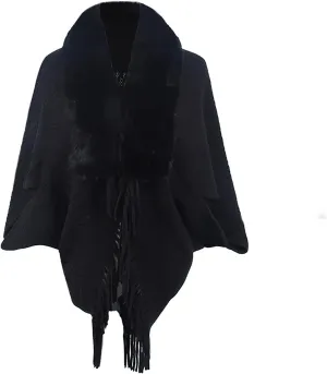 Women Batwing Sleeve Faux Fur Collar Cardigan Sweater Knitted Shawl Wrap Fringe Hem Cape Cloak Open Front Outerwear