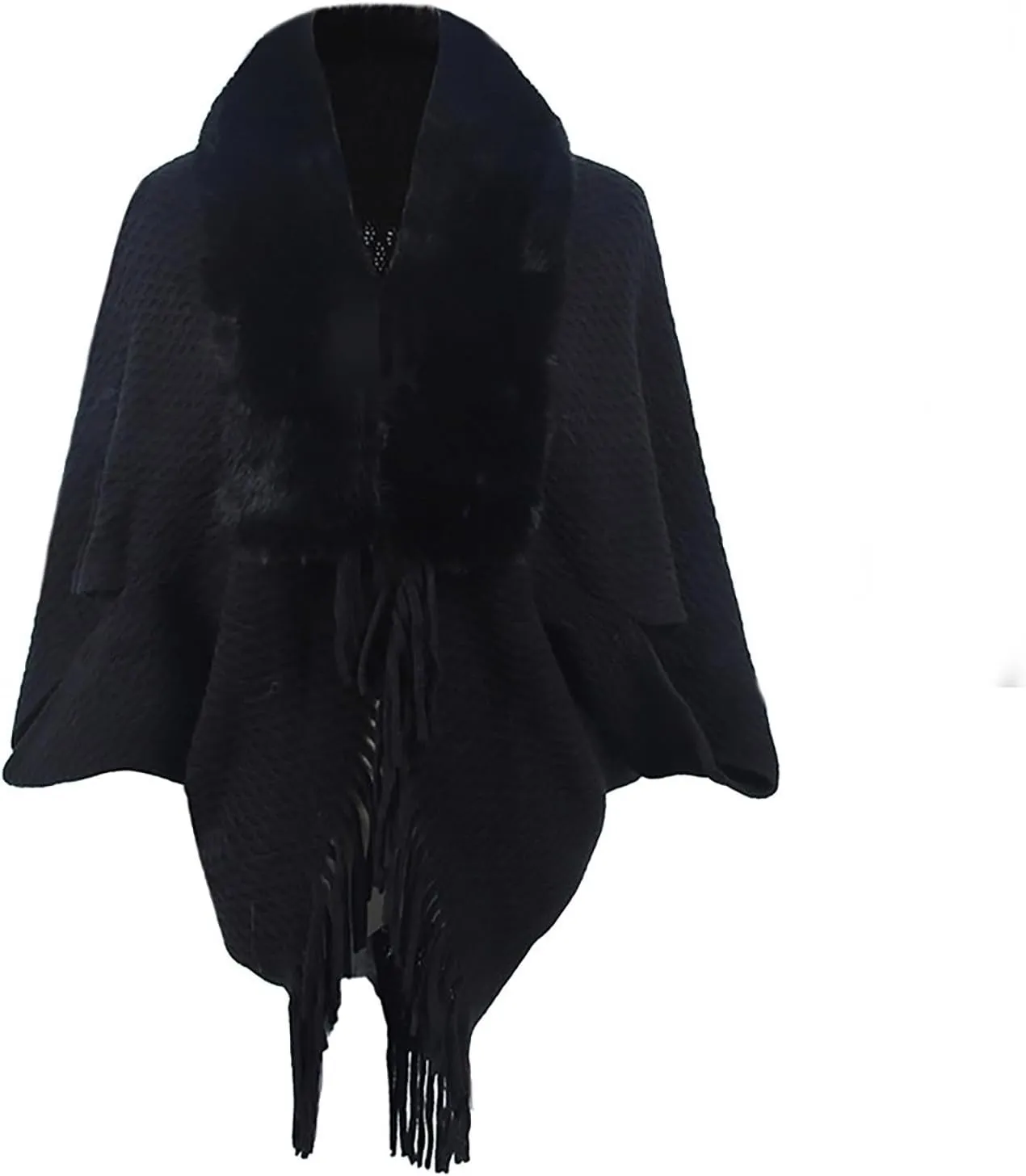 Women Batwing Sleeve Faux Fur Collar Cardigan Sweater Knitted Shawl Wrap Fringe Hem Cape Cloak Open Front Outerwear