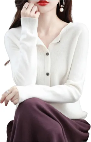 Women Cardigan Cashmere Wool Fine Knit Long Sleeve Crewneck Warm Solid Color Button Down Classic Sweater for Girls(Large, White)