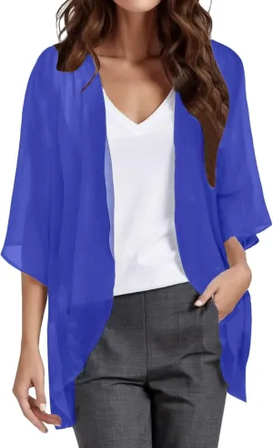 Women Chiffon Kimono Cardigan,Dressy 3/4 Sleeve Chiffon Open Front Lightweight Summer Blouse Tops,Sheer Beach Cover Up