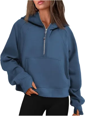 Women Cropped Hoodies Fleece Half Zip Pullover Hooded Sweatshirts 2023 Trendy Quarter Zip Up Tops Casual Crop Top