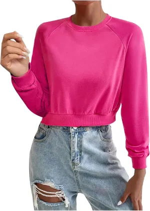 Women Cropped Sweatshirt Trendy Cozy Loose Fit Crewneck Solid Color Pullover Lightweight Long Sleeve Sweatshirt