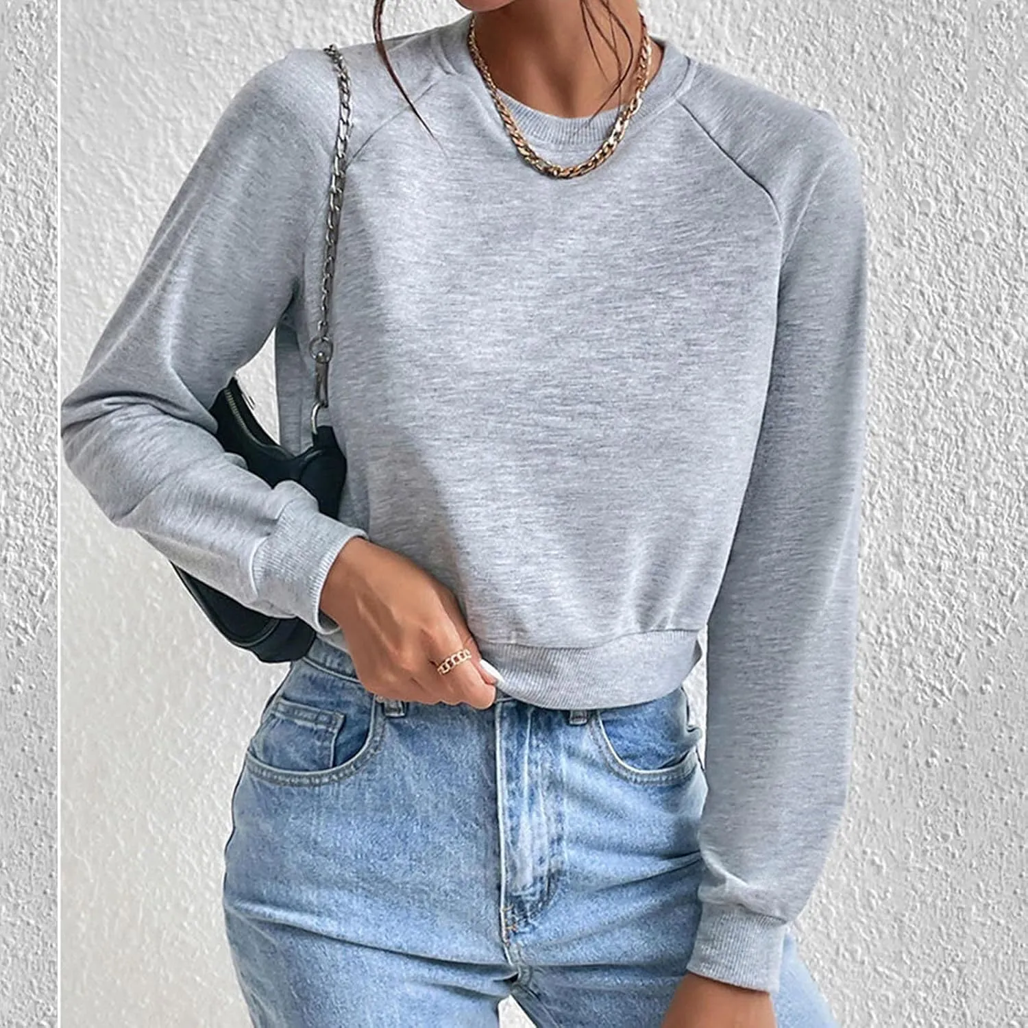 Women Cropped Sweatshirt Trendy Cozy Loose Fit Crewneck Solid Color Pullover Lightweight Long Sleeve Sweatshirt