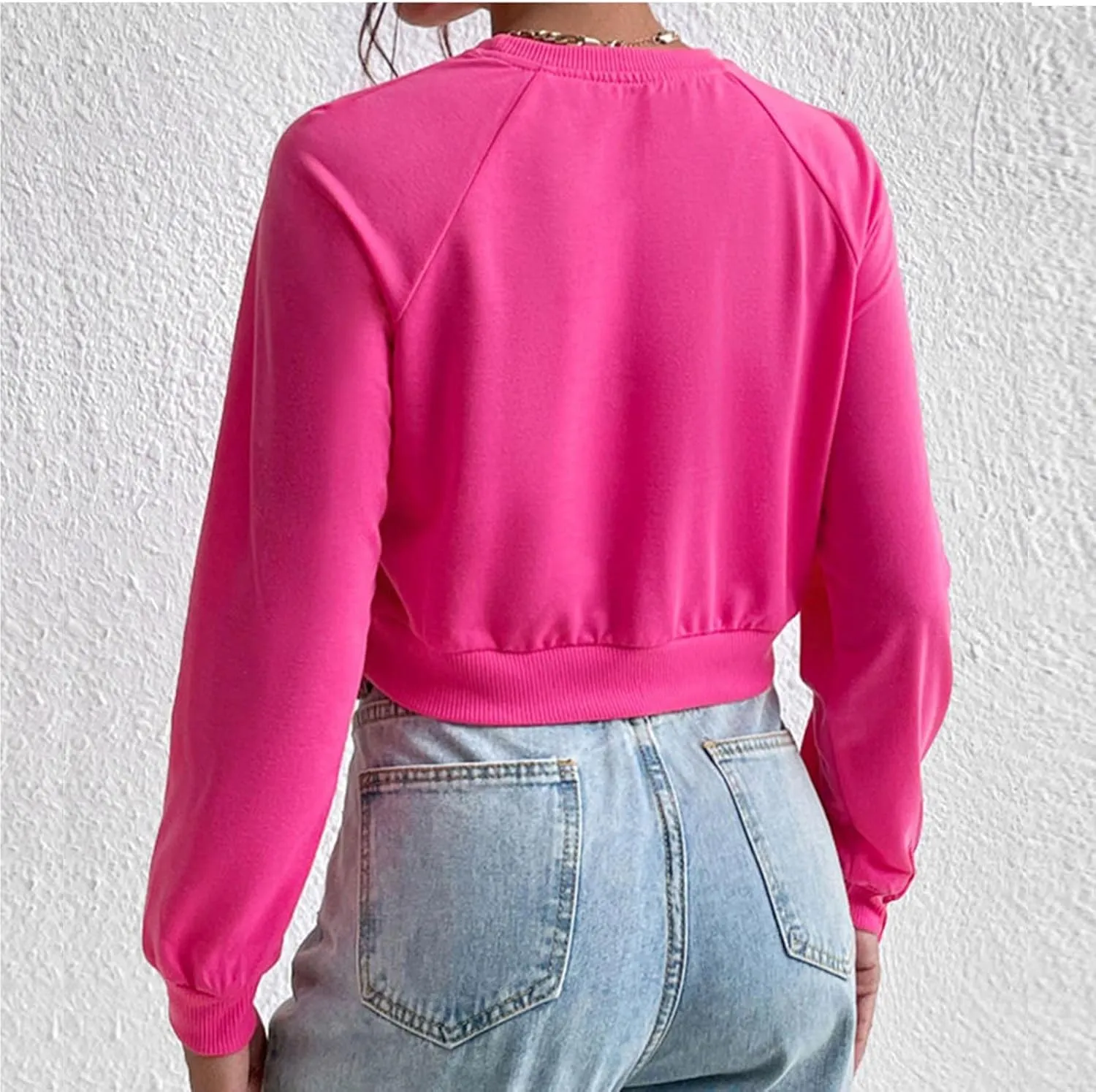 Women Cropped Sweatshirt Trendy Cozy Loose Fit Crewneck Solid Color Pullover Lightweight Long Sleeve Sweatshirt