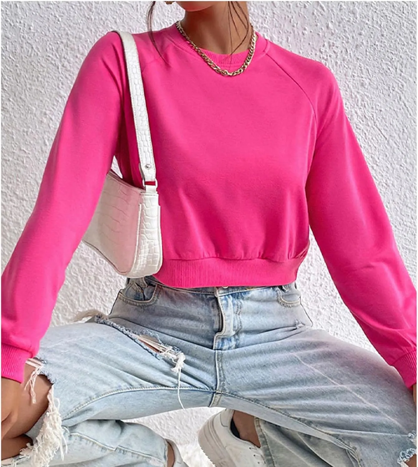 Women Cropped Sweatshirt Trendy Cozy Loose Fit Crewneck Solid Color Pullover Lightweight Long Sleeve Sweatshirt