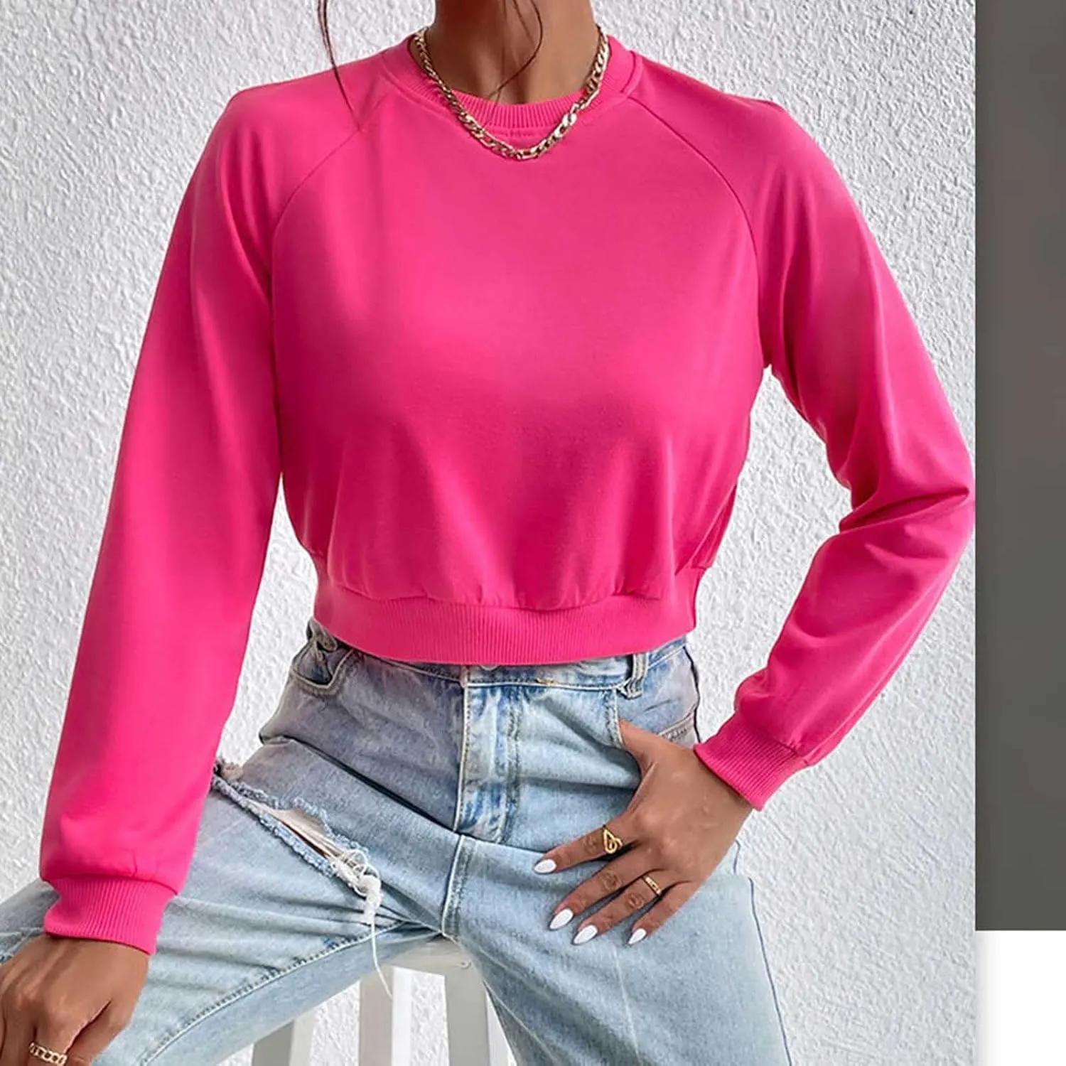 Women Cropped Sweatshirt Trendy Cozy Loose Fit Crewneck Solid Color Pullover Lightweight Long Sleeve Sweatshirt