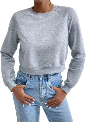Women Cropped Sweatshirt Trendy Cozy Loose Fit Crewneck Solid Color Pullover Lightweight Long Sleeve Sweatshirt