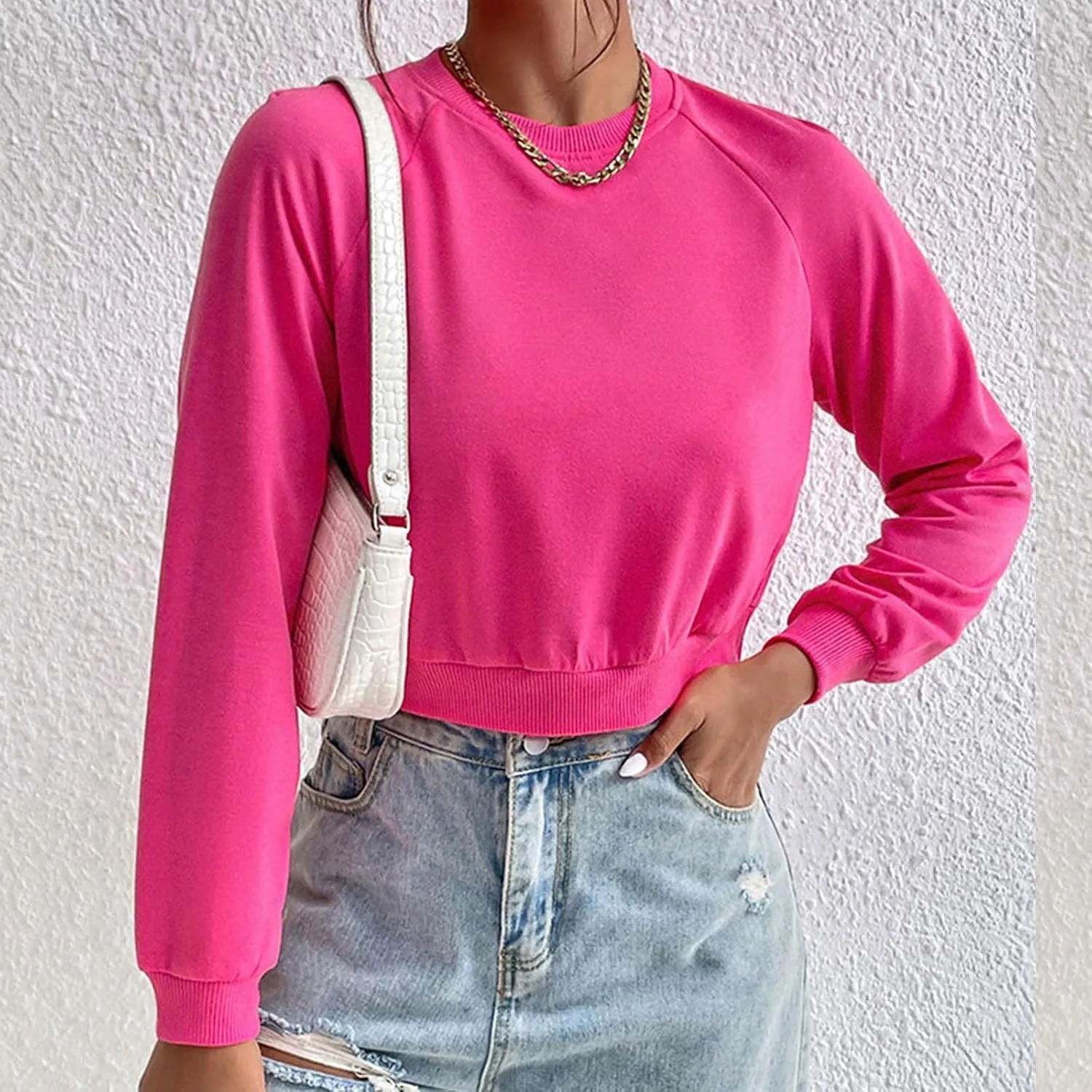 Women Cropped Sweatshirt Trendy Cozy Loose Fit Crewneck Solid Color Pullover Lightweight Long Sleeve Sweatshirt