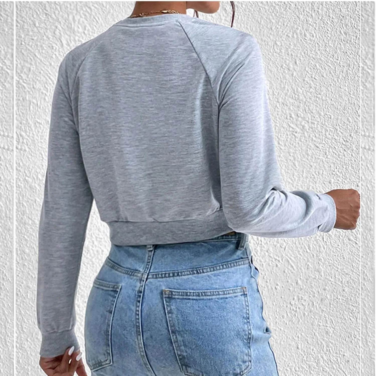 Women Cropped Sweatshirt Trendy Cozy Loose Fit Crewneck Solid Color Pullover Lightweight Long Sleeve Sweatshirt