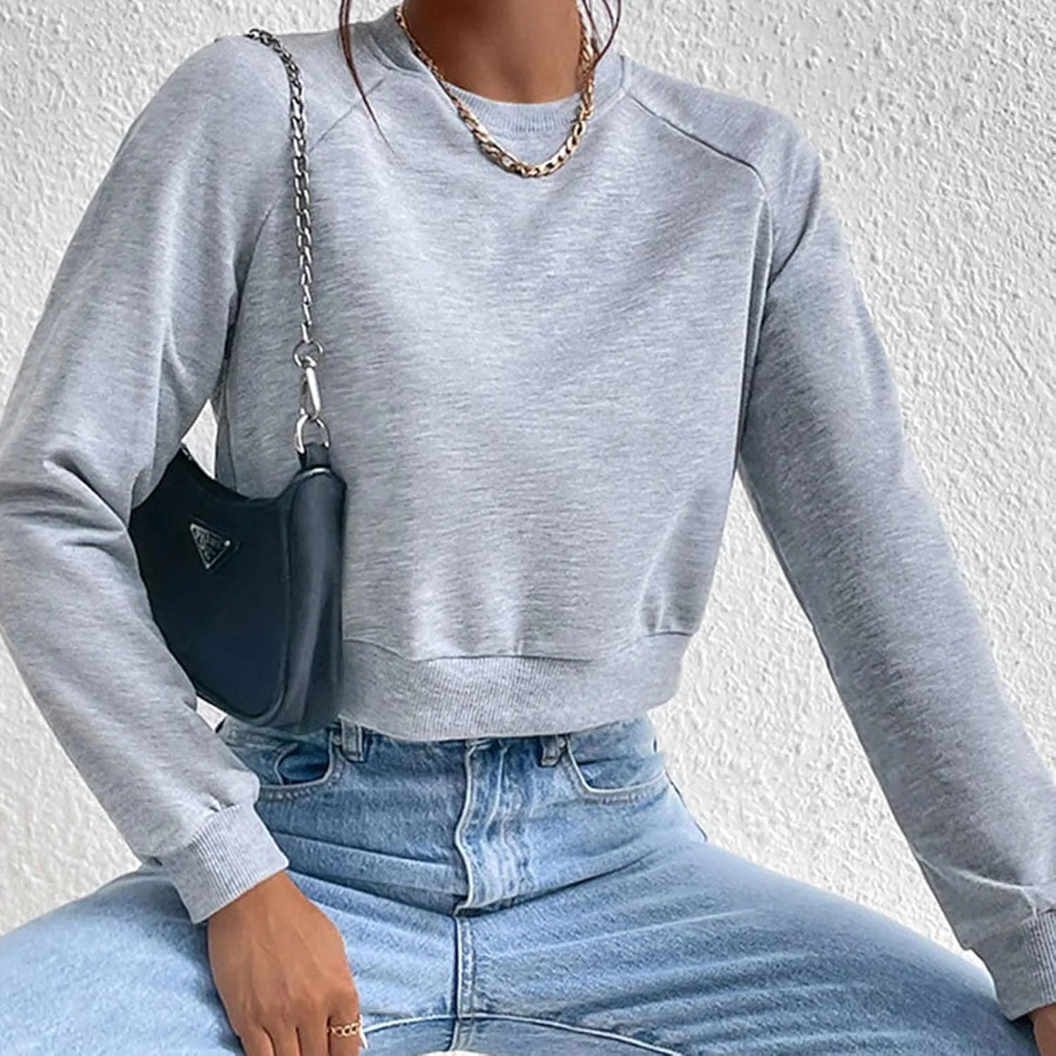 Women Cropped Sweatshirt Trendy Cozy Loose Fit Crewneck Solid Color Pullover Lightweight Long Sleeve Sweatshirt