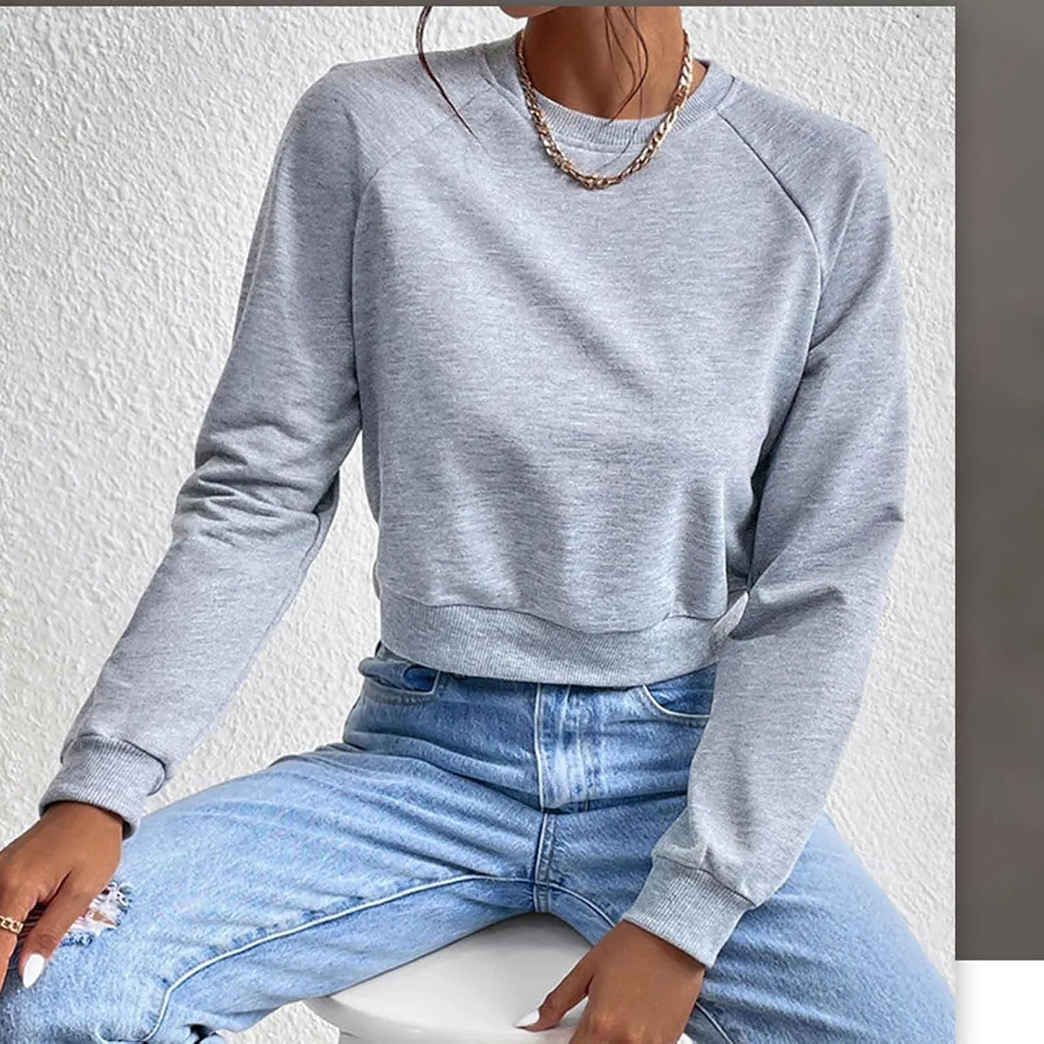Women Cropped Sweatshirt Trendy Cozy Loose Fit Crewneck Solid Color Pullover Lightweight Long Sleeve Sweatshirt