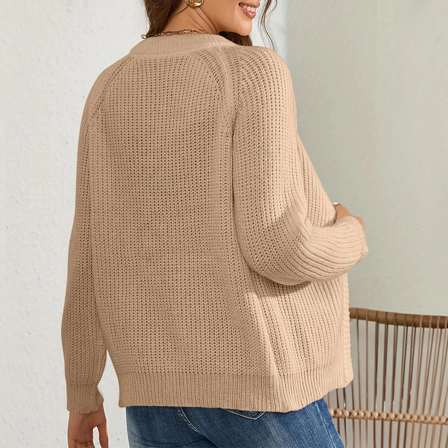 Women Fall Open Front Sweater Chunky Knit Cardigan Raglan Sleeve Plain Knitted Jacket Trendy Fitted Sweaters Coat