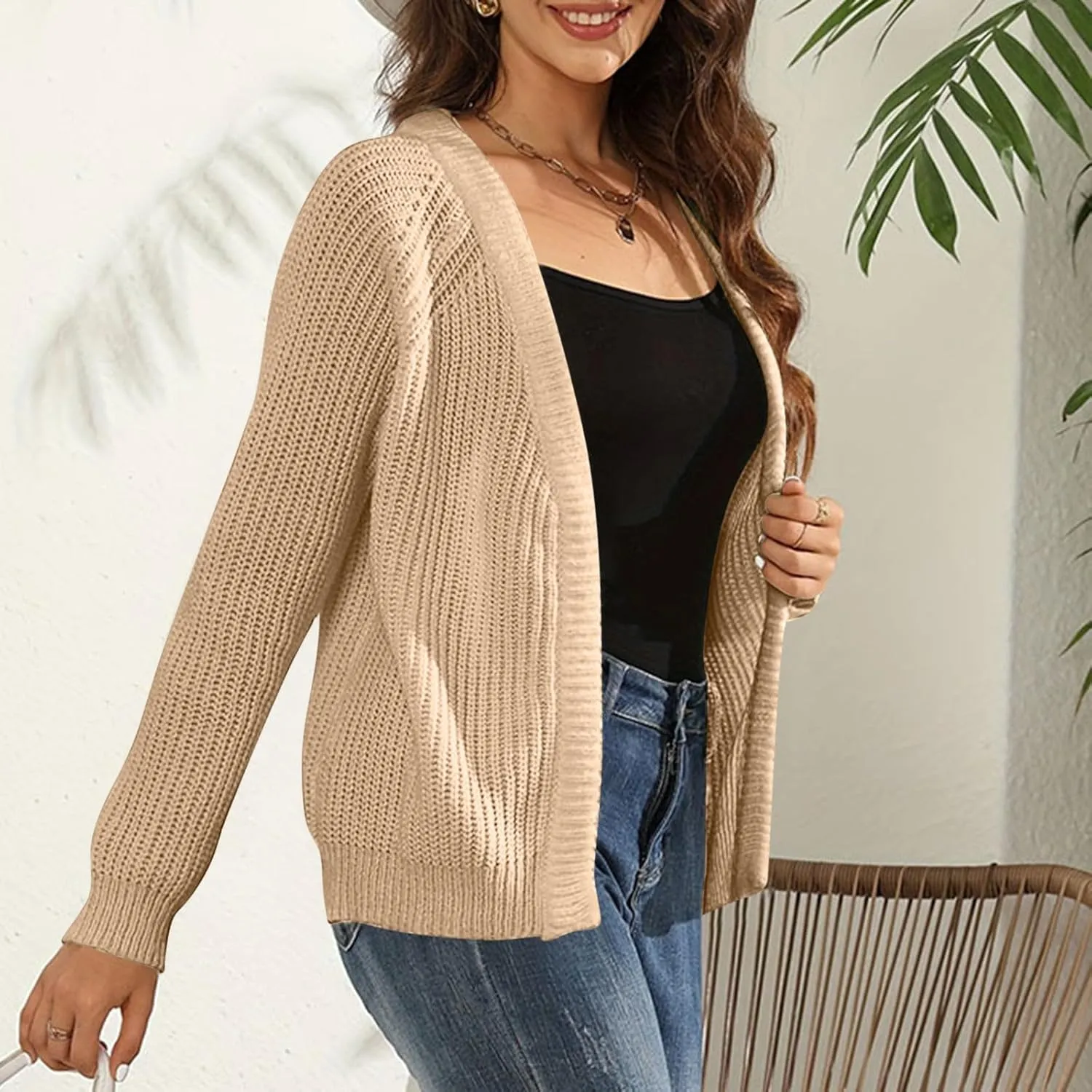 Women Fall Open Front Sweater Chunky Knit Cardigan Raglan Sleeve Plain Knitted Jacket Trendy Fitted Sweaters Coat