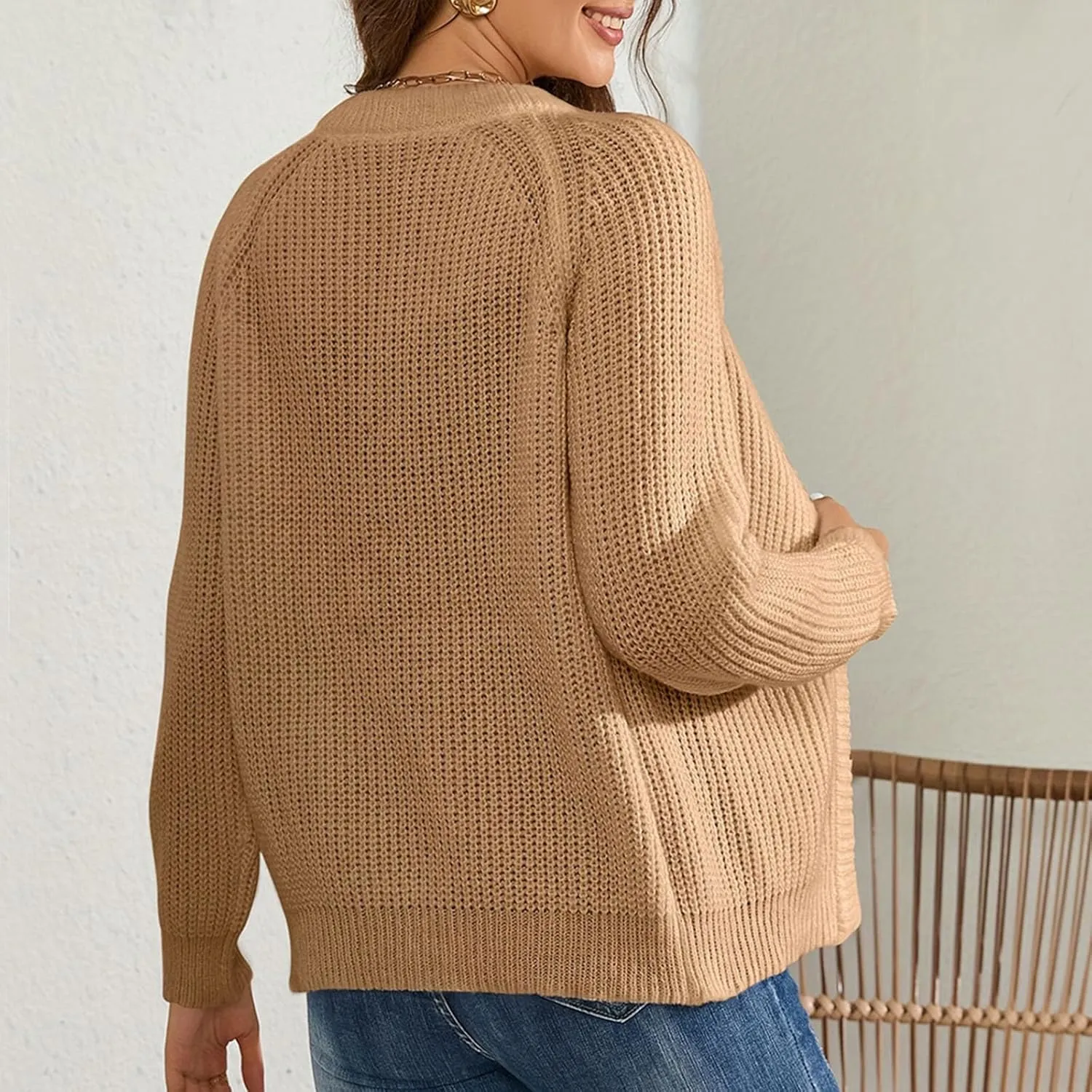 Women Fall Open Front Sweater Chunky Knit Cardigan Raglan Sleeve Plain Knitted Jacket Trendy Fitted Sweaters Coat