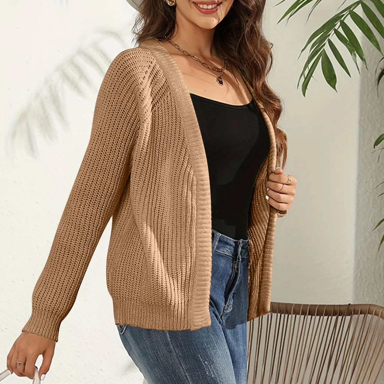 Women Fall Open Front Sweater Chunky Knit Cardigan Raglan Sleeve Plain Knitted Jacket Trendy Fitted Sweaters Coat