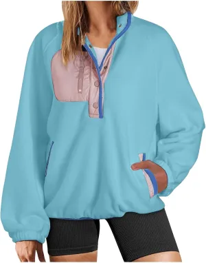 Women Fleece Oversized Sweatshirt Pullover Color Block Tops Sweater Sherpa Fuzzy Jacket Fall Winter Comfy Clothes