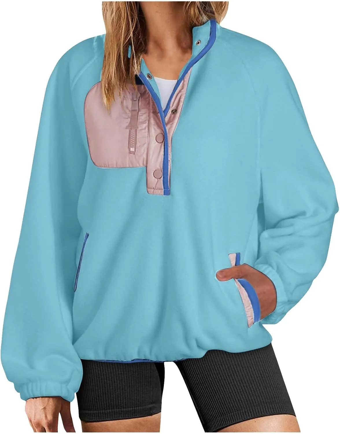 Women Fleece Oversized Sweatshirt Pullover Color Block Tops Sweater Sherpa Fuzzy Jacket Fall Winter Comfy Clothes