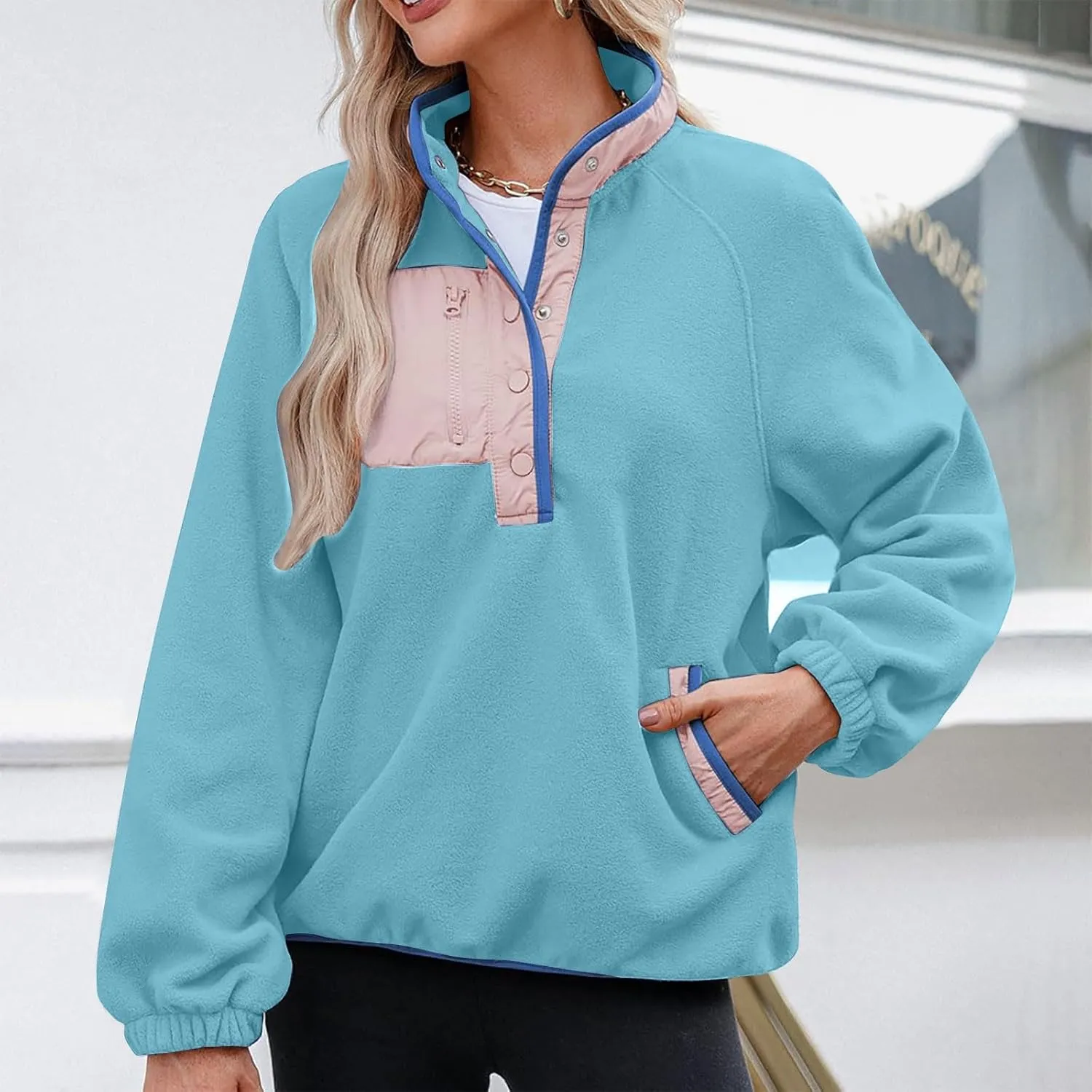 Women Fleece Oversized Sweatshirt Pullover Color Block Tops Sweater Sherpa Fuzzy Jacket Fall Winter Comfy Clothes