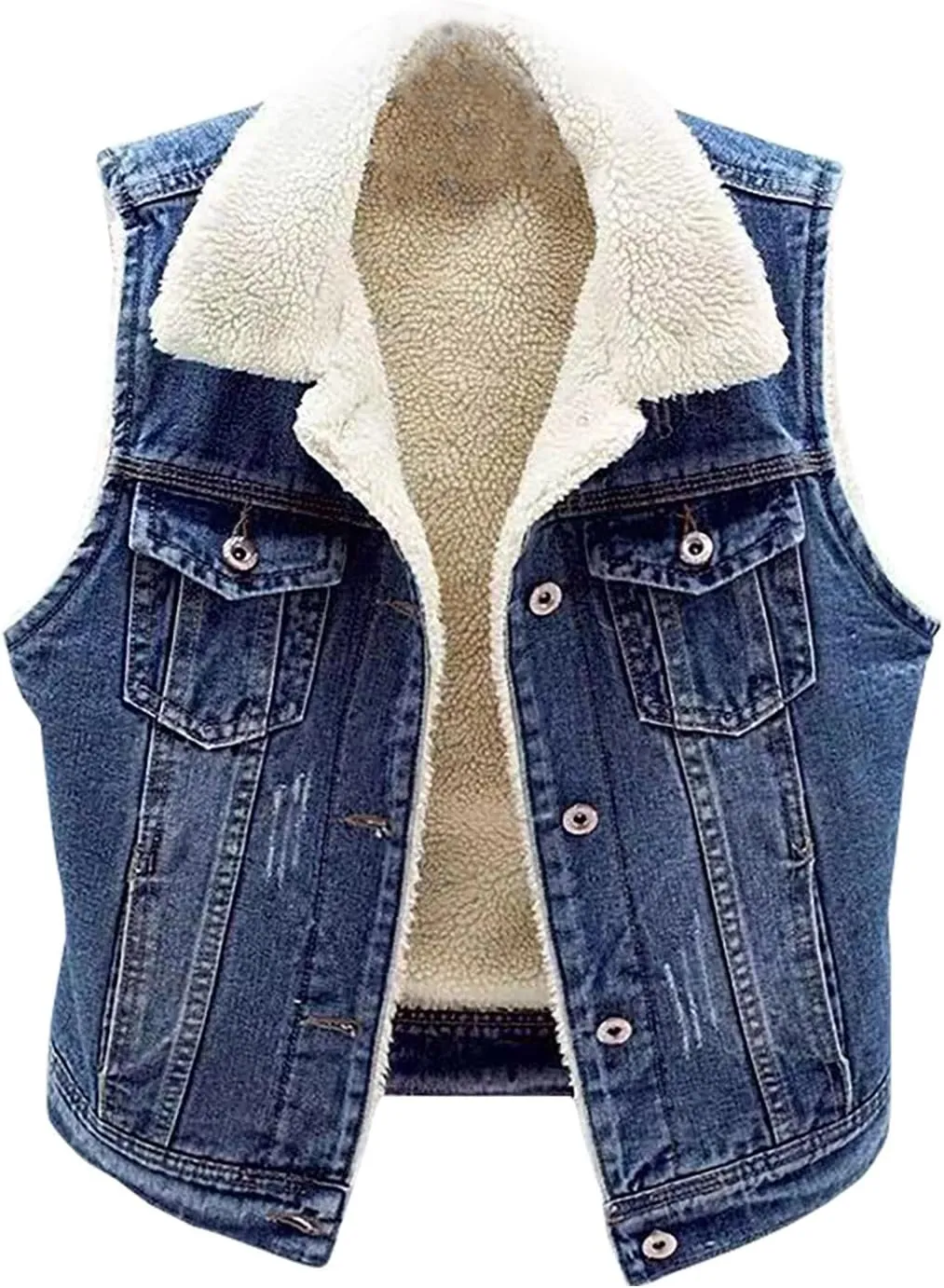 Women Fleece Sherpa Lined Denim Vest Sleeveless Lamb Wool Warm Jean Jacket with Pockets Retro Button Down Lapel Vests