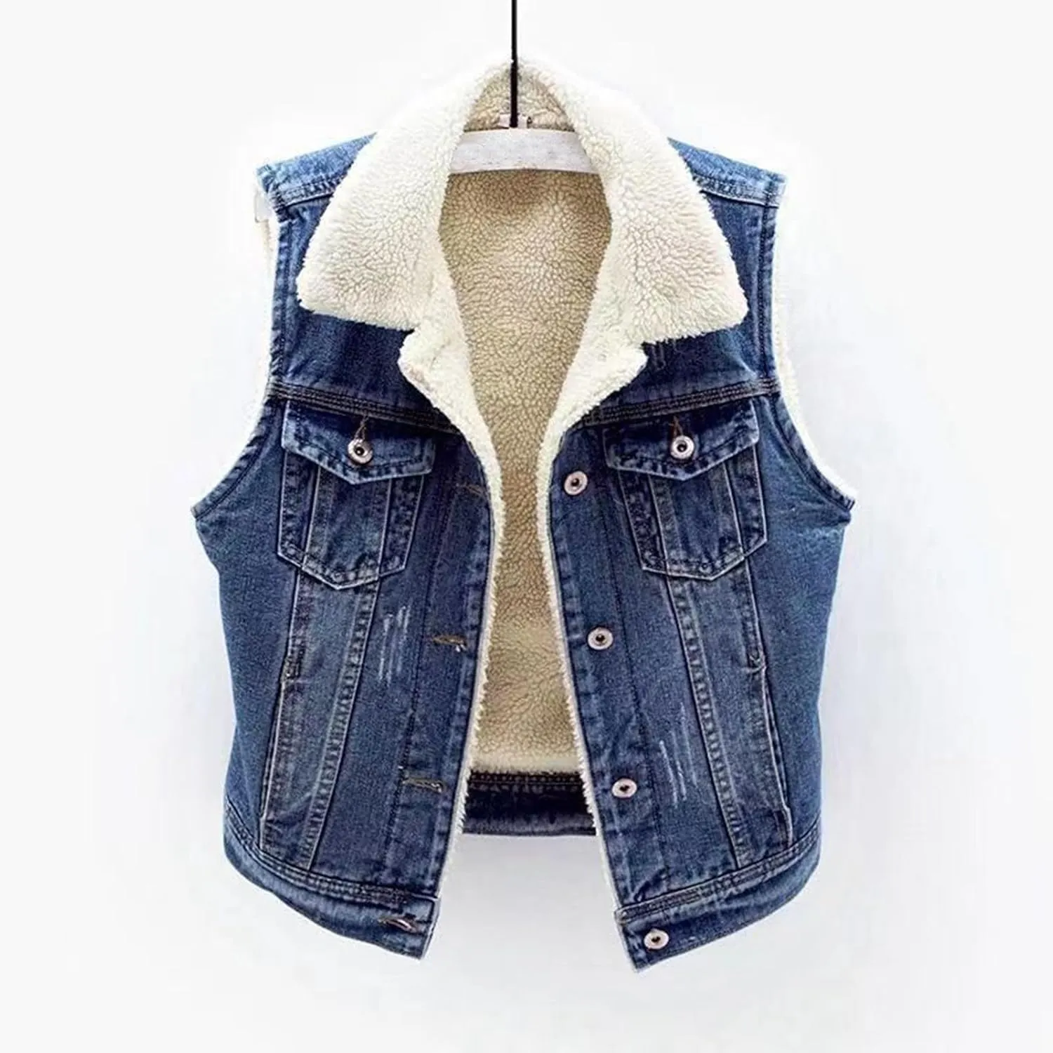 Women Fleece Sherpa Lined Denim Vest Sleeveless Lamb Wool Warm Jean Jacket with Pockets Retro Button Down Lapel Vests