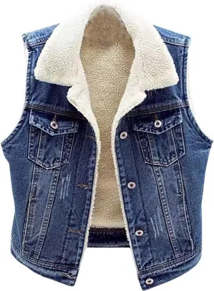 Women Fleece Sherpa Lined Denim Vest Sleeveless Lamb Wool Warm Jean Jacket with Pockets Retro Button Down Lapel Vests
