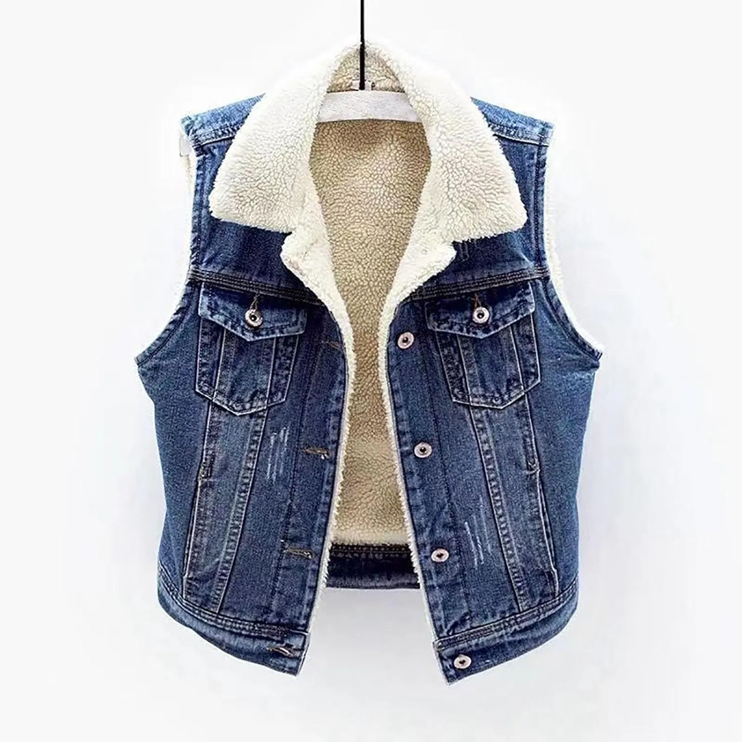 Women Fleece Sherpa Lined Denim Vest Sleeveless Lamb Wool Warm Jean Jacket with Pockets Retro Button Down Lapel Vests