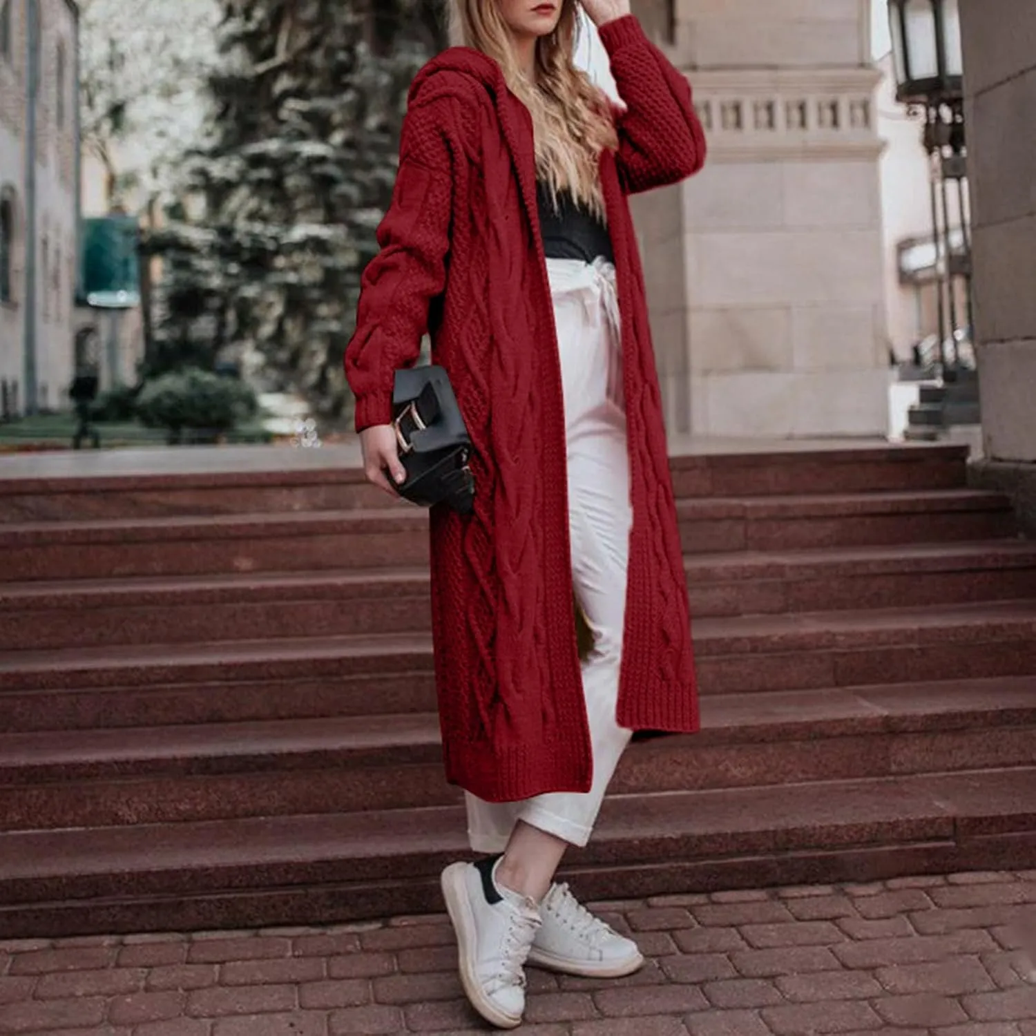 Women Hooded Open Front Cardigan Cable Knit Sweaters Solid Color Long Sleeve Chunky Long Sweater Outerwear Coats