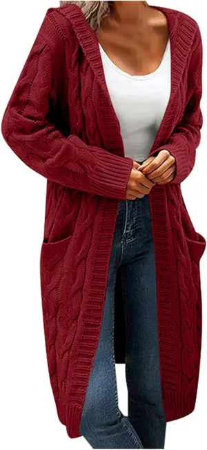Women Hooded Open Front Cardigan Cable Knit Sweaters Solid Color Long Sleeve Chunky Long Sweater Outerwear Coats