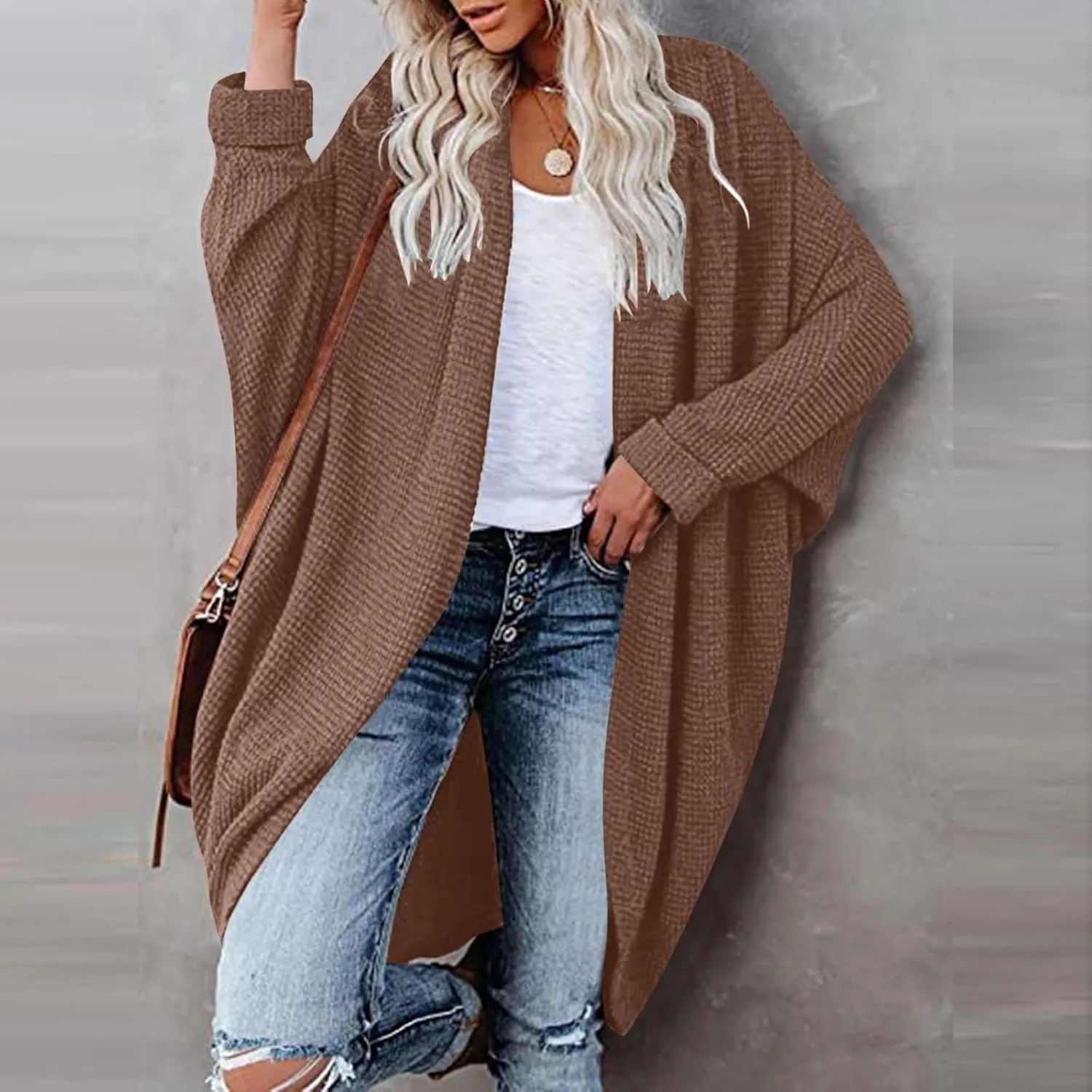 Women Long Sleeve Cardigan 2023 Open Front Solid Color Chunky Knit Sweaters Oversized Slouchy Dropped Outerwear Coat