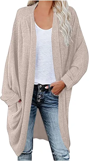 Women Long Sleeve Cardigan 2023 Open Front Solid Color Chunky Knit Sweaters Oversized Slouchy Dropped Outerwear Coat