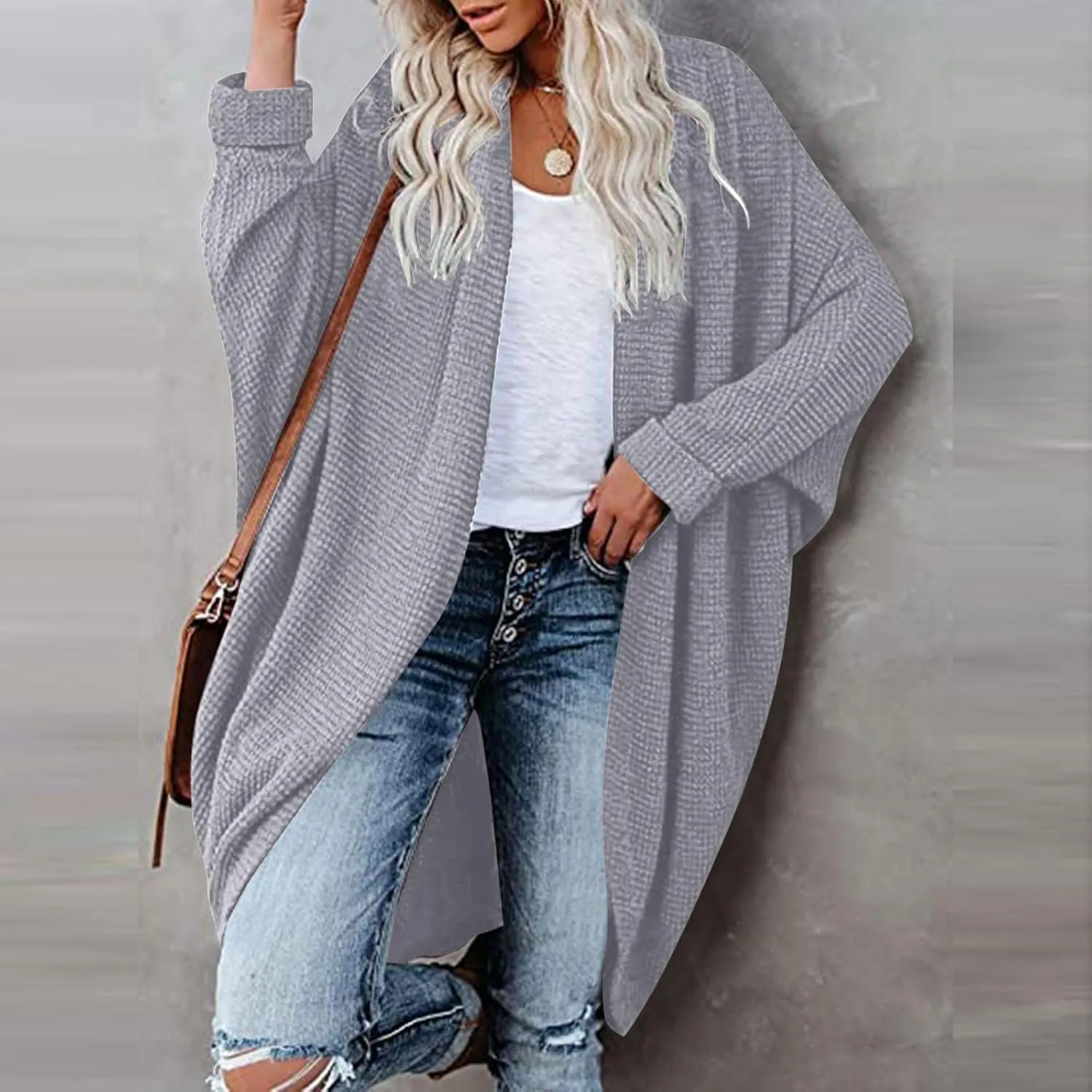 Women Long Sleeve Cardigan 2023 Open Front Solid Color Chunky Knit Sweaters Oversized Slouchy Dropped Outerwear Coat