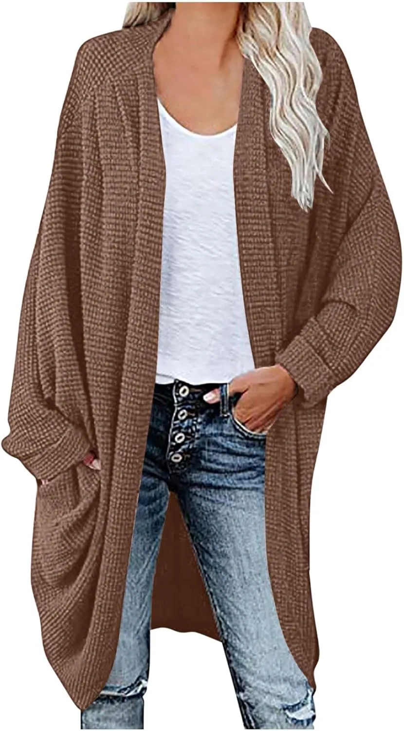 Women Long Sleeve Cardigan 2023 Open Front Solid Color Chunky Knit Sweaters Oversized Slouchy Dropped Outerwear Coat