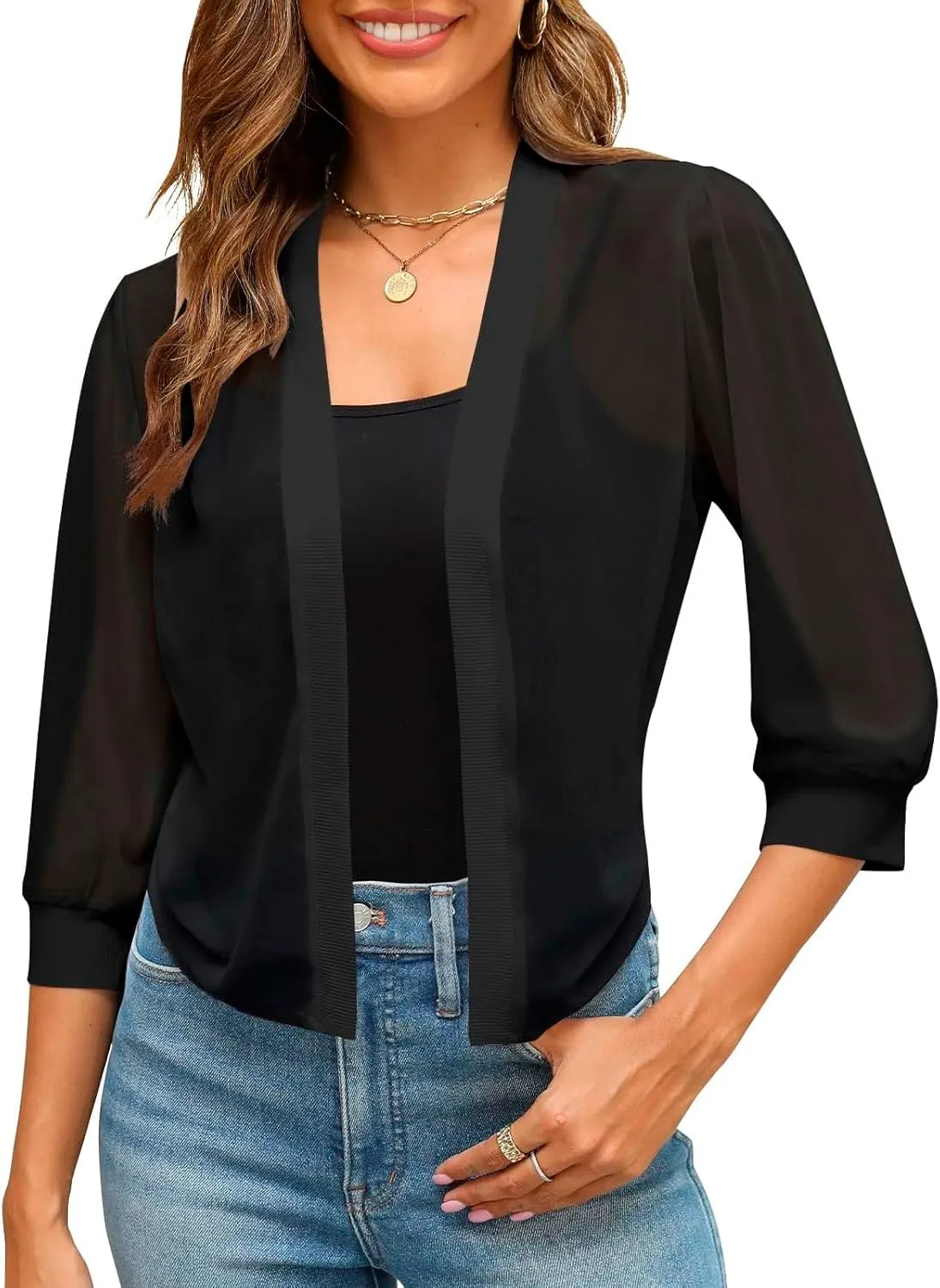 Women Petite Blazers 2024 Trendy Casual Puff Sleeve Bolero Shrug Open Front Cropped Suit Jackets Stylish Cardigan Coats