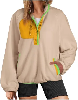 Women Sherpa Fleece Colorblock Jacket Casual Button Down Fuzzy Sweatshirt Warm Teddy Oversized Pullover with Pocket