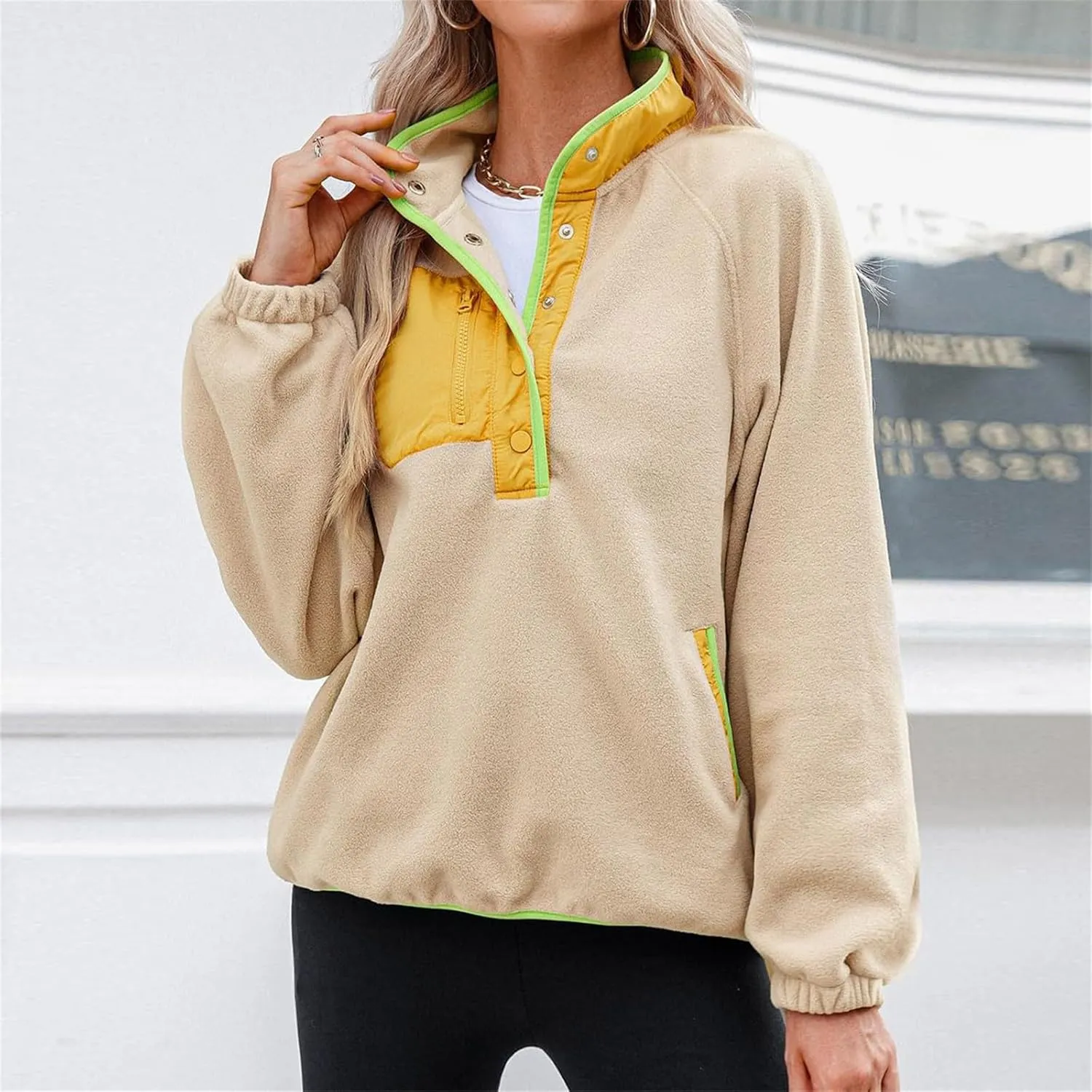 Women Sherpa Fleece Colorblock Jacket Casual Button Down Fuzzy Sweatshirt Warm Teddy Oversized Pullover with Pocket